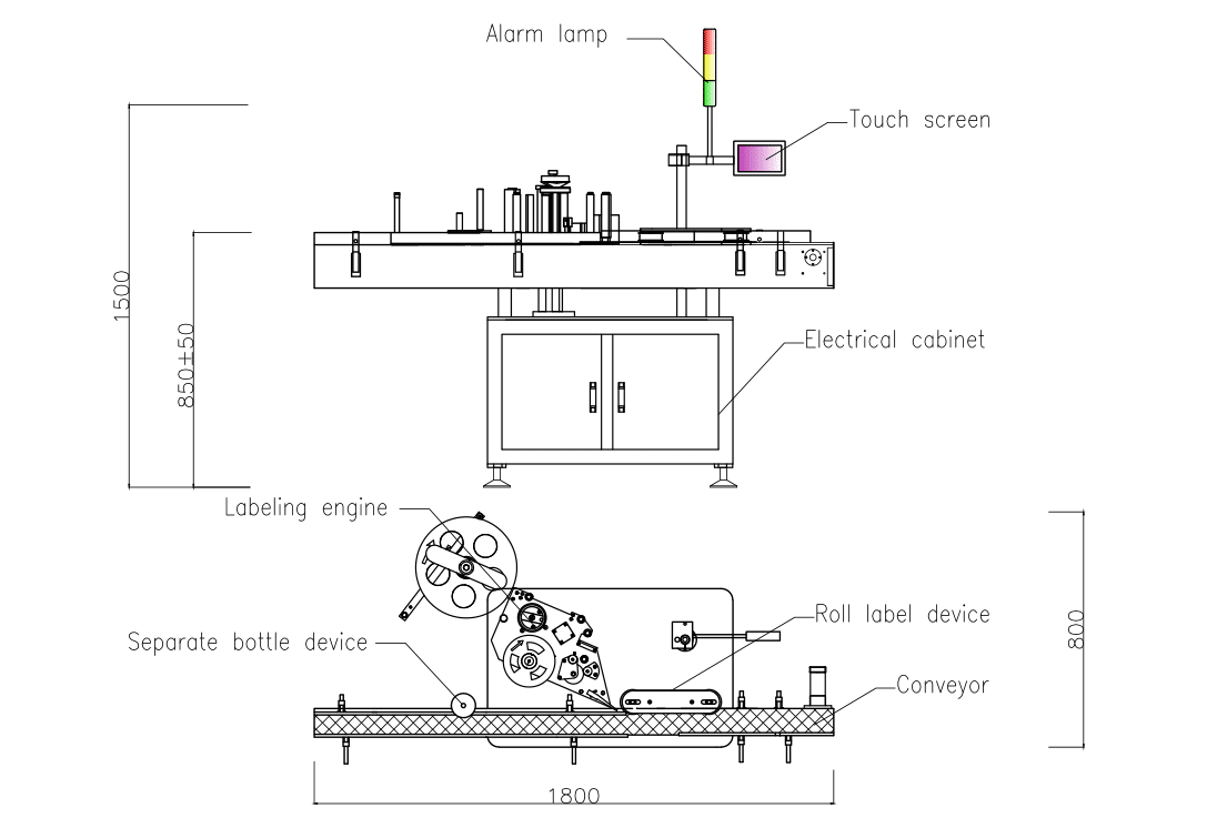 CAD-drawing-of-automatic-round-bottle-labeling-machine