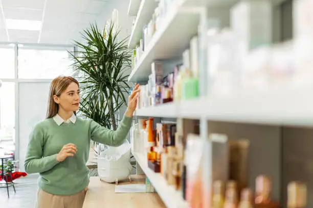 امرأة في الصيدلية تتسوق لشراء الدواء