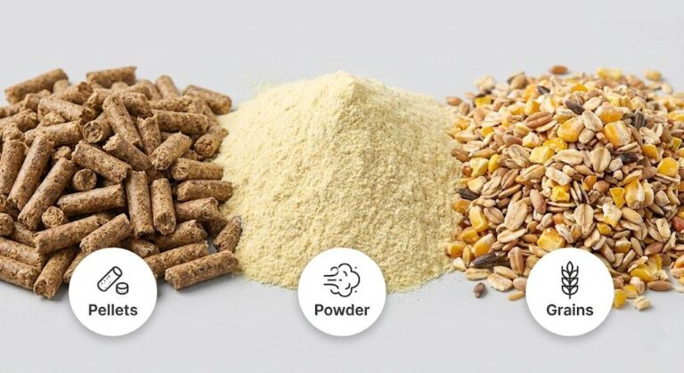 Fotografia profissional em close-up da indústria alimentícia, mostrando diferentes tipos de ração animal lado a lado: pellets texturizados, pré-mistura em pó fino e grãos grossos. As imagens são identificadas com ícones claros indicando "Pellets", "Pó" e "Grãos". Iluminação de estúdio.