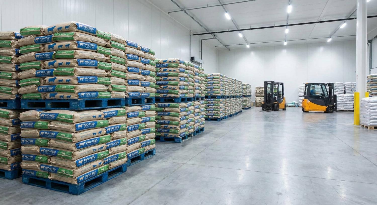 工業動物飼料袋堆放在乾淨的倉庫環境中,採用重型聚丙烯材質,並印有品牌標識,高解析度專業照片,電影級照明。.