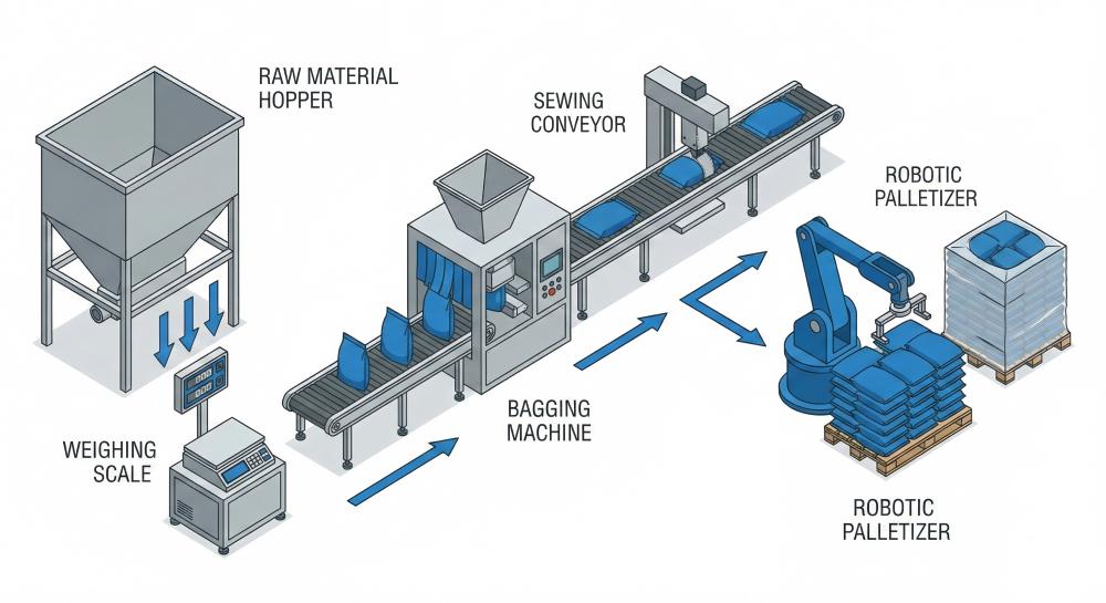 工業動物飼料包裝線的等距流程圖,顯示從原料料斗到稱重、裝袋機、縫紉輸送機和機器人碼垛機的步驟,技術資訊圖風格,乾淨的白色背景,藍色和灰色配色方案。.